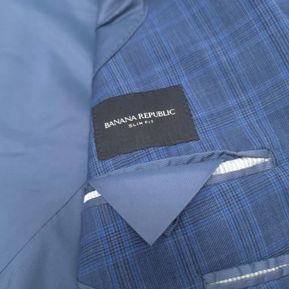 Banana Republic Marzotto Slim Fit Sport Coat Blazer 40R Blue Plaid Wool